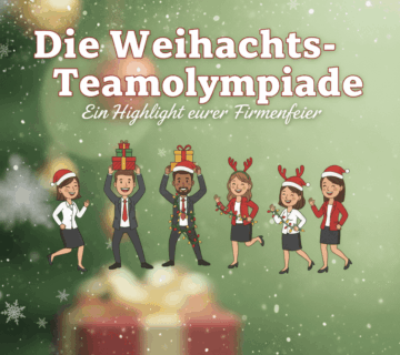 Die Weihnachts-Teamolympiade: fröhliches Cartoon-Büroteam in Weihnachtsoutfits vor festlichem Hintergrund – Ein Highlight eurer Firmenfeier.